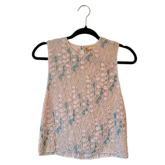 Vintage Pallavi Cream Floral Beaded 100% Silk Blouse Size S - Picture 1 of 8
